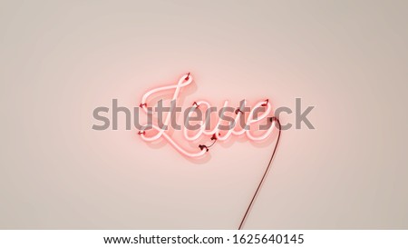 Neon sign that says the word Love in bright red colours, on a white concrete wall background, 