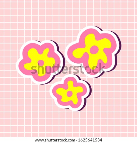 Cute flowers buds yellow and pink colors sticker isolated on textured background.Design girly element. Vector floral illustration in cartoon style.Bright clip art icons for design.Simple bright prints