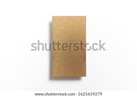 Gold blank matt textured business card flying and isolated on white background, us standard size 3.5 x 2 inches, real professional studio photo. 