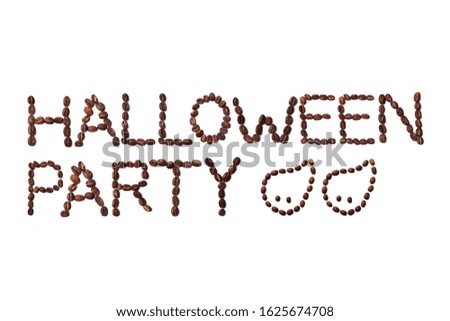 Halloween Party quote and cute ghosts made with roasted coffee beans placed on white background from the top view can use for your messages