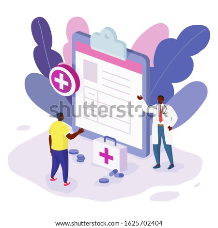 Medical diagnosis. Doctor taking care of patient.Vector illustration concept of Healthcare insurance. People and doctor fill health form insurance. Vector illustration.