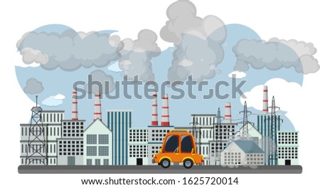 Poster design for stop pollution with smoke from car and factory buildings illustration