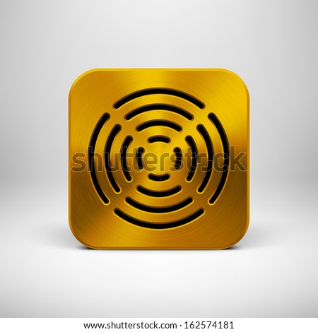 Abstract technology app icon, button template with circle perforated speaker grill pattern, gold metal texture (chrome, silver, steel) and realistic shadow for interfaces (UI) and applications (apps).