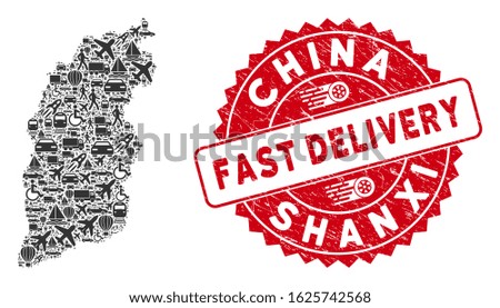 Shipping collage Shanxi Province map and corroded stamp seal with FAST DELIVERY message. Shanxi Province map collage formed with gray scattered lorry items.