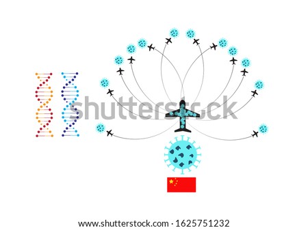 Novel Coronavirus ,icon of departure of coronavirus-charged plane from China  and Transmitted worldwide Pandemic concept of international contamination with biologically weapons.Vector  EPS 10. Royalty-Free Stock Photo #1625751232