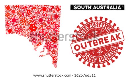 Contagious collage South Australia map and red grunge stamp seal with OUTBREAK words. South Australia map collage created with scattered contagion symbols.