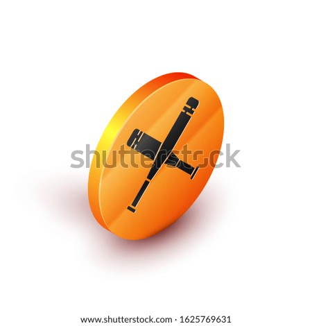 Isometric Crossed baseball bat icon isolated on white background. Orange circle button. Vector Illustration