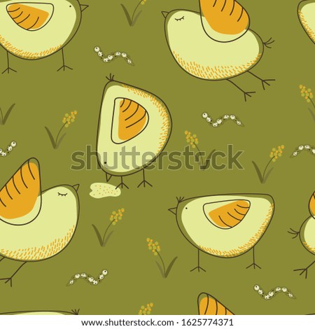 yellow chickens and caterpillars, flowers on a green background, vector, illustration, for the design of textiles, wallpaper, paper, pattern
