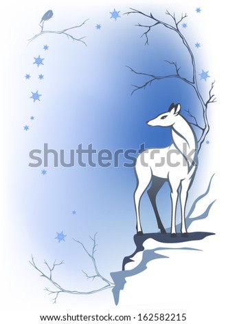 winter forest background with deer - wildlife in the woods