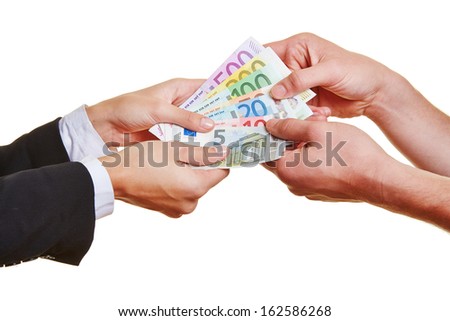 Four hands pulling on different Euro money bills in an argument Royalty-Free Stock Photo #162586268