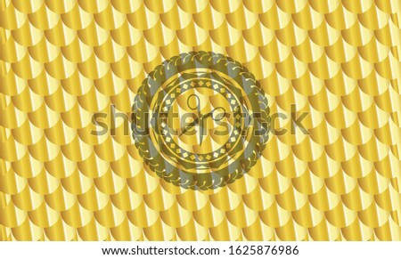 scissors icon inside shiny golden emblem. Scales pattern. Vector Illustration. Detailed.