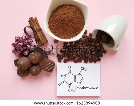 Structural chemical formula of theobromine molecule. It is a bitter alkaloid found in cocoa, chocolate, tea plant, and coffee. Cocoa powder, chocolate, and coffee as sources of theobromine. Royalty-Free Stock Photo #1625894908