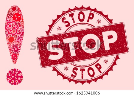 Pandemic collage exclamation sign icon and round grunge stamp seal with Stop phrase. Mosaic vector is composed from exclamation sign pictogram and with random pandemic symbols.