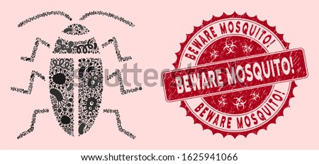 Biohazard mosaic cucaracha icon and rounded corroded stamp seal with Beware Mosquito! phrase. Mosaic vector is formed with cucaracha pictogram and with randomized infection items.