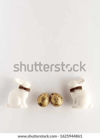 Top view easter composition. Bunny, egg creative flat lay background with copy space for your text.
