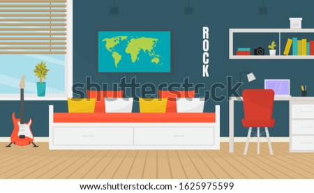 Modern teenager room interior design with trendy workspace with laptop. table, chair, map, table lamp, bed. Cozy apartment.  Musician home. Flat style vector illustration.
