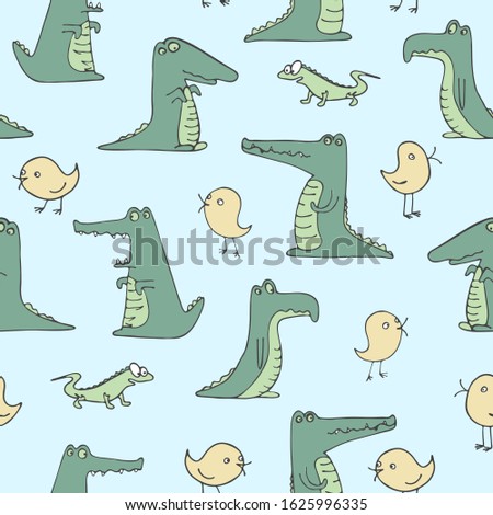 Seamless pattern of stylized crocodiles or alligators and yellow minimalistic birds Hand-drawn vector stock illustration on a blue background Cartoon children's crocodiles with different emotions