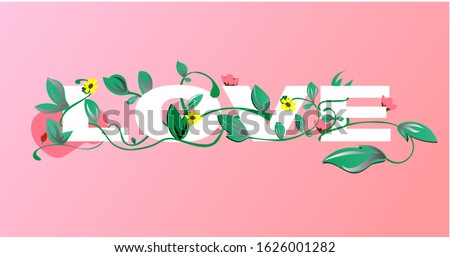 Floral Spring Graphic Design with yellow Flowers Greeting Card LOVE Text , Invitation. Vector on pink background