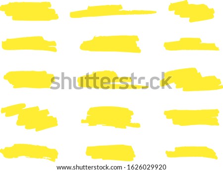 Set of vector yellow paintbrush. Ink splatters. Hand drawn brush strokes with splashes. Textured one color elements for designs. Abstract textured backgrounds.