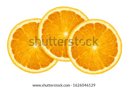 Three slices of sweet juicy orange fruit isolated on white background
