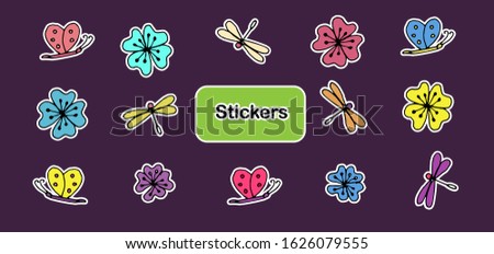 Stickers set, flowers, butterfly, dragonfly. Colorful hand drawn vector sticker collection. Isolated on purple background.