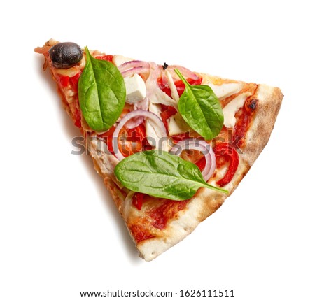 slice of pizza isolated on white background, top view