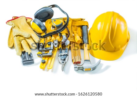 construction tools helmet goves toolbelt isolated on white backgound Royalty-Free Stock Photo #1626120580