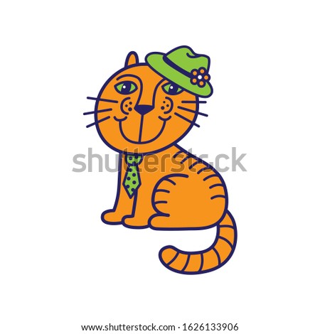 Mr ginger cat in the green hat and tie. Cute kitty on the white background. Kids club or zoo-shop logo. Orange mood