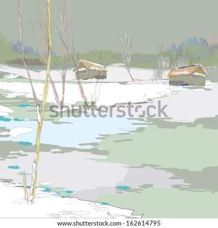 Illustration of wintertime with couple of houses and frozen lake