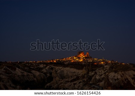 Night landscape in Goreme, Cappadocia, Turkey. Uchisar at night.