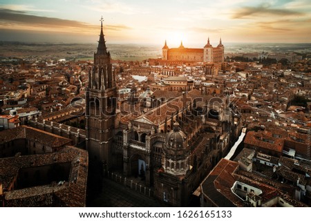 Primate Cathedral of Saint Mary of Toledo aerial view at sunset in Spain Royalty-Free Stock Photo #1626165133