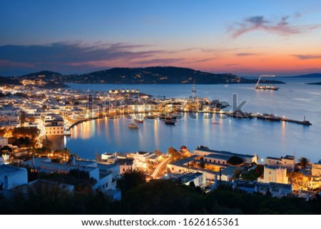 Mykonos bay viewed from above at sunset. Greece.