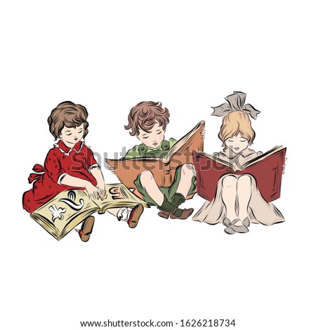 Two little girls and boy read books sitting on the floor together. Infant age. Clever kids. 