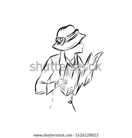 Woman in retro style reads a newspaper. Lady in vintage style dressed in hat and coat holding magazine. Human from the nineteenth century. Drawing for coloring. Graphic female silhouette.
