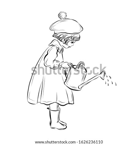 Girl watering from a watering can. Baby dressed in dress, beret and rubber boots. Coloring page.  