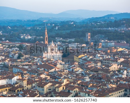 An aerial view of the Florence city with The Basilica di Santa Croce (Basilica of the Holy Cross) and La Cappella Pazzi in Tuscany, Italy