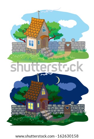 Small rural house and landscape (day and night)