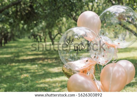 Phrase She Said Yes  written on balloon. Bunch of balls on hen party in the park.  Royalty-Free Stock Photo #1626303892