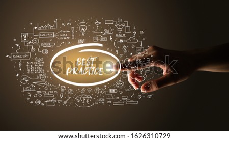 Hand touching BEST PRACTICE inscription, hand drawn icons around, business plan concept