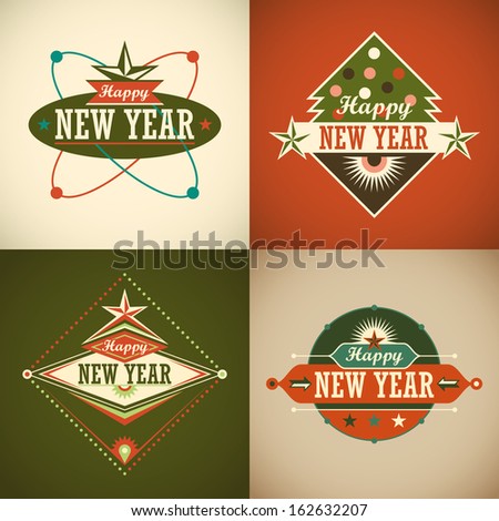 Retro Happy New Year stickers. Vector illustration.
