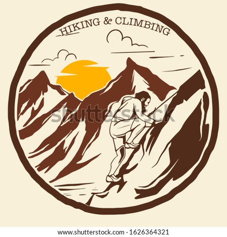 Vintage design illustration of a man climbing the mountain and the sun