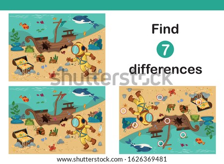 Find 7 differences education game for kids. Diver with pirate chest in cartoon style. Vector illustration.