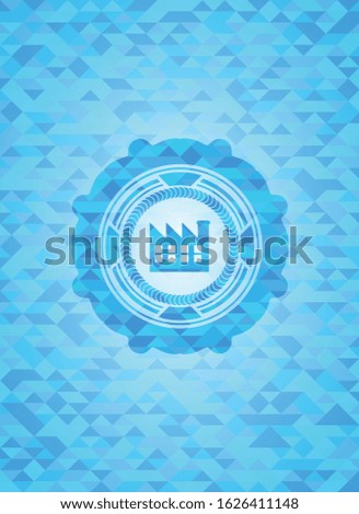 factory icon inside light blue emblem. Mosaic background