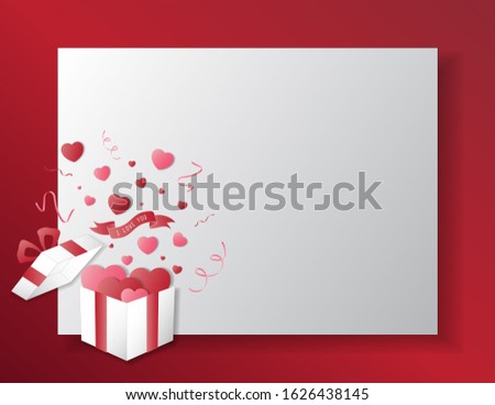 Opened white gift box with red hearts and paper on red background , Illustrations happy valentines day background , free space for your text [ greeting card   poster  post card  brochure ] (raster)
