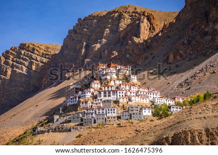 Kye Gompa also spelled Ki, Key or Kee is a biggest Tibetan Buddhist monastery located at an altitude of 4,166 m close to Spiti River in Spiti Valley of Himachal Pradesh, Lahaul & Spiti district, India Royalty-Free Stock Photo #1626475396