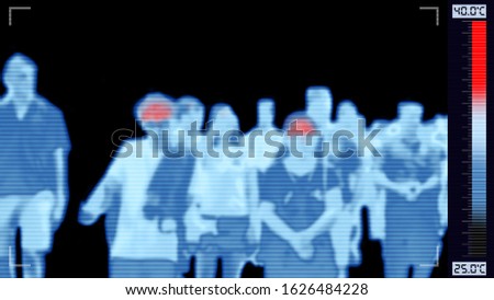 Thermoscan Infrared Camera scanning people who have fever, showing red color alert on high body temperature for outbreak control situation Royalty-Free Stock Photo #1626484228