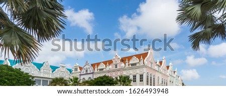 Oranjestad downtown panorama with typical Dutch colonial architecture.