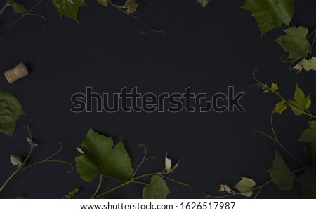 Wine. Advertising space for wine. Grape. Copy space on black background. Textures. Top view. Free space for text. Grape leaves on black background
