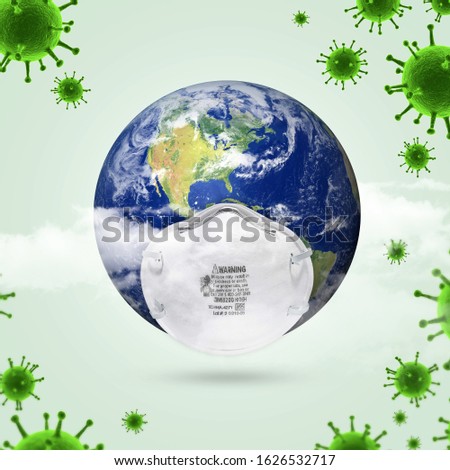 world Corona virus attack concept. world/earth put mask to fight against Corona virus. Concept of fight against virus, danger and public health risk disease.Many Virus attack isolated on green Royalty-Free Stock Photo #1626532717