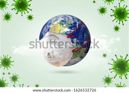 world Corona virus attack concept. world/earth put mask to fight against Corona virus. Concept of fight against virus, danger and public health risk disease.Many Virus attack isolated on green Royalty-Free Stock Photo #1626532726